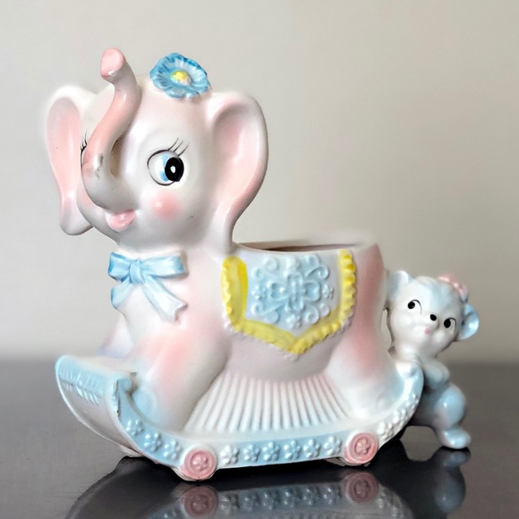 Vintage Kitschy Pastel Pink Elephant Planter